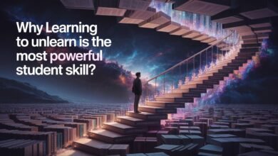 Why Learning to Unlearn is the most powerful student skill? 9 Why Learning to Unlearn is the most powerful student skill, a man standing on stairs with books in the sky
