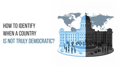 How to Identify when a Country Is Not Truly Democratic? 4 Landscape illustration showing democracy vs authoritarianism with parliament split into light and dark sides