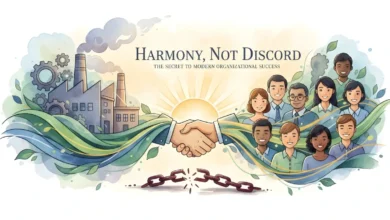 Harmony, Not Discord - Scientific Management Theory 1 Artistic handshake symbolizing Harmony Not Discord in Scientific Management with diverse workers and industrial icons.