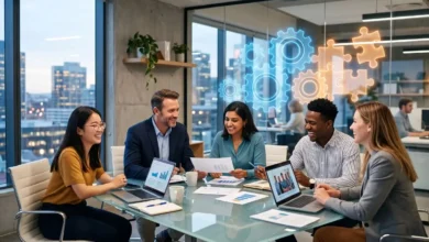 Co-operation, Not Individualism: The Heart of Scientific Management Theory 3 A diverse corporate team and manager collaborating around a table, illustrating the Scientific Management principle of cooperation not individualism.