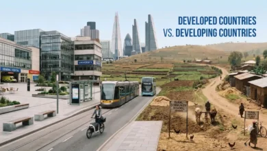 Difference Between Developed Countries and Developing Countries 1 Visual representation showing the difference between developed countries and developing countries through a side-by-side comparison of modern urban infrastructure and traditional rural lifestyle.